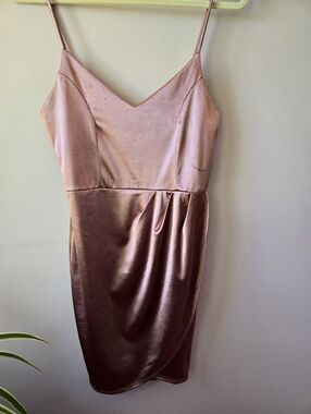 Lulus Mauve Satin Tulip Hem Mini Dress - Size Medium - Faux Wrap Cocktail
